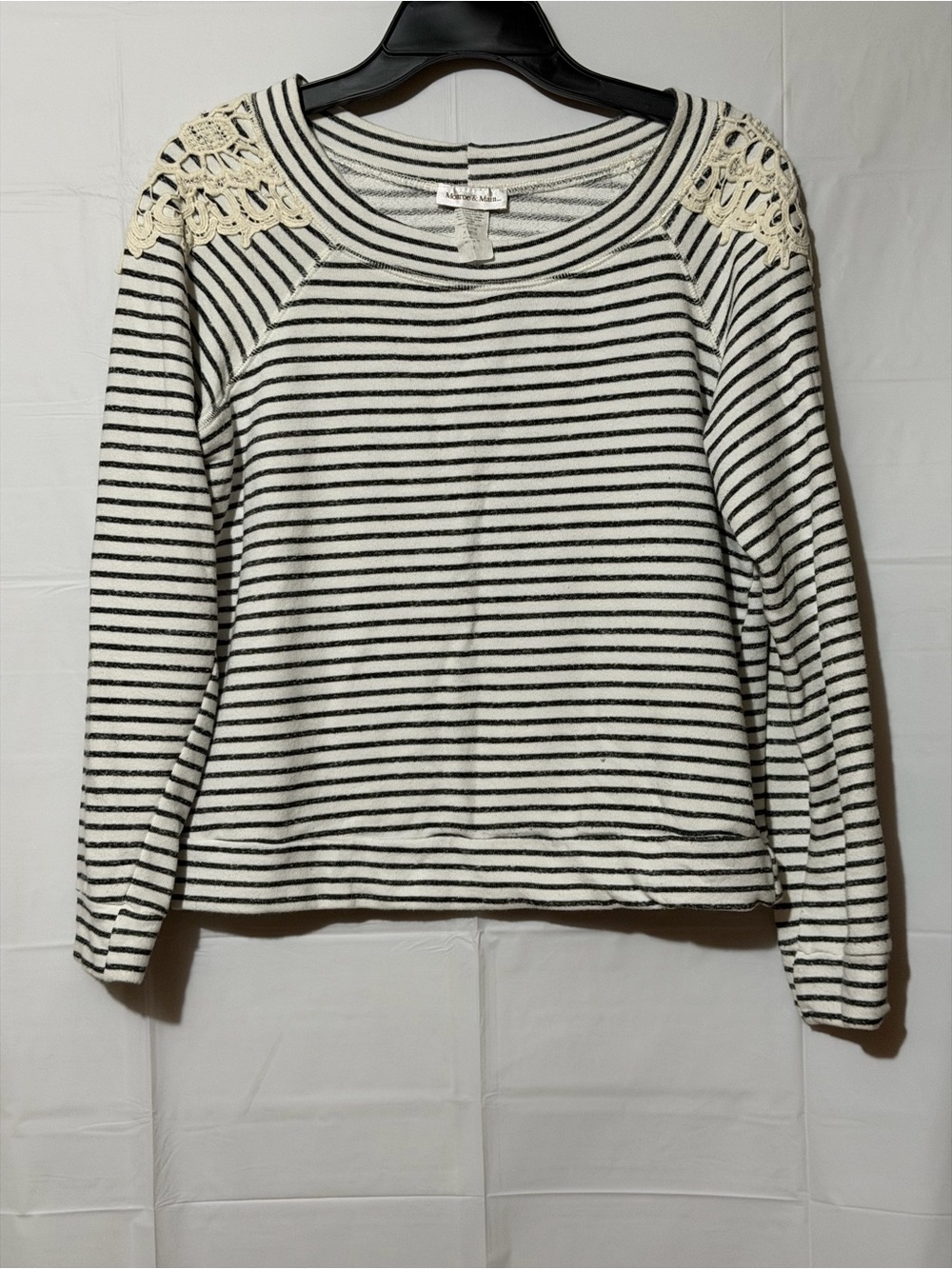 Monroe & Main Black and White Striped Long-Sleeve Top with Lace Shoulders